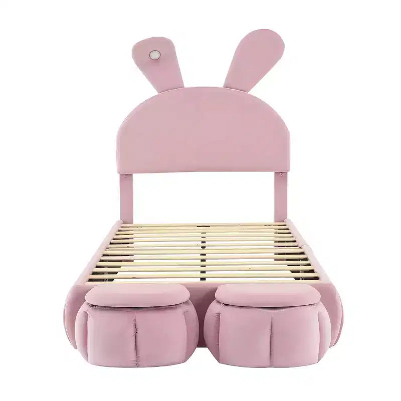 Twin Size Upholstered Platform Bed Frame for Kids, Wooden Bedframe with Cartoon Ears Shaped Headboard and Light, Pink