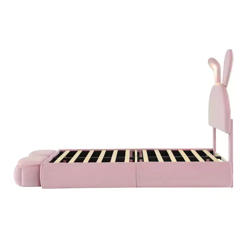Twin Size Upholstered Platform Bed Frame for Kids, Wooden Bedframe with Cartoon Ears Shaped Headboard and Light, Pink