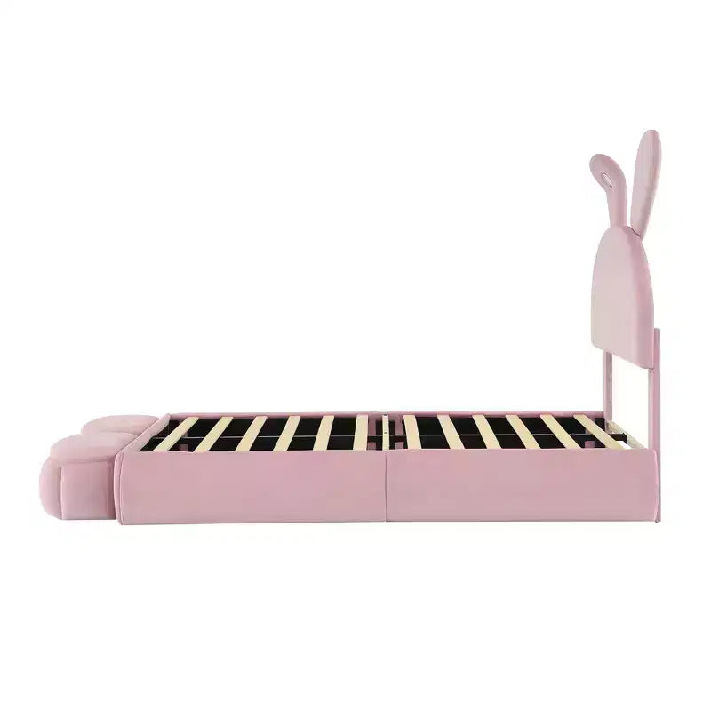 Twin Size Upholstered Platform Bed Frame for Kids, Wooden Bedframe with Cartoon Ears Shaped Headboard and Light, Pink