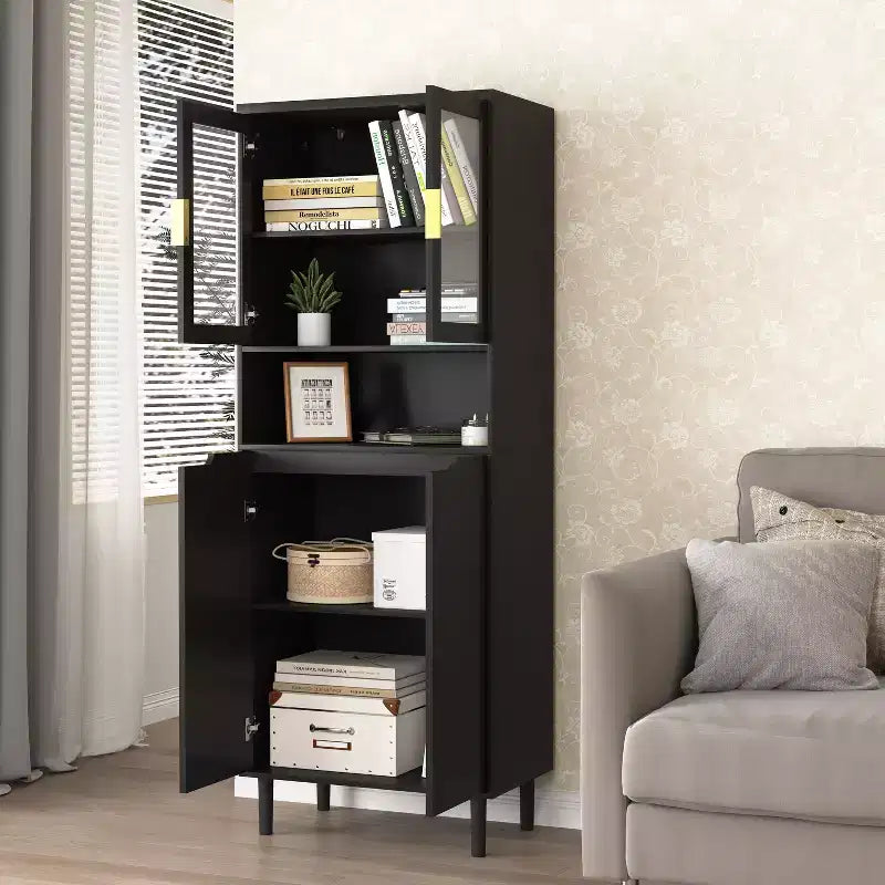 CLIHOME 4 Tempered Glass Door Tall Storage Bookcase, Utility Storage Cabinet With Adjustable Shelves