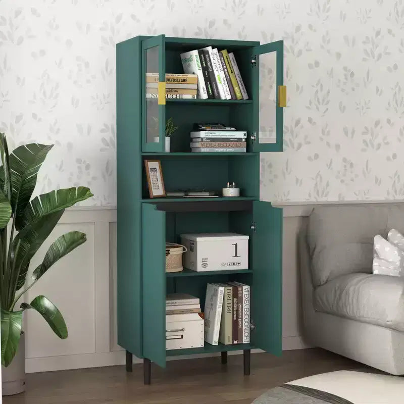 CLIHOME 4 Tempered Glass Door Tall Storage Bookcase, Utility Storage Cabinet With Adjustable Shelves