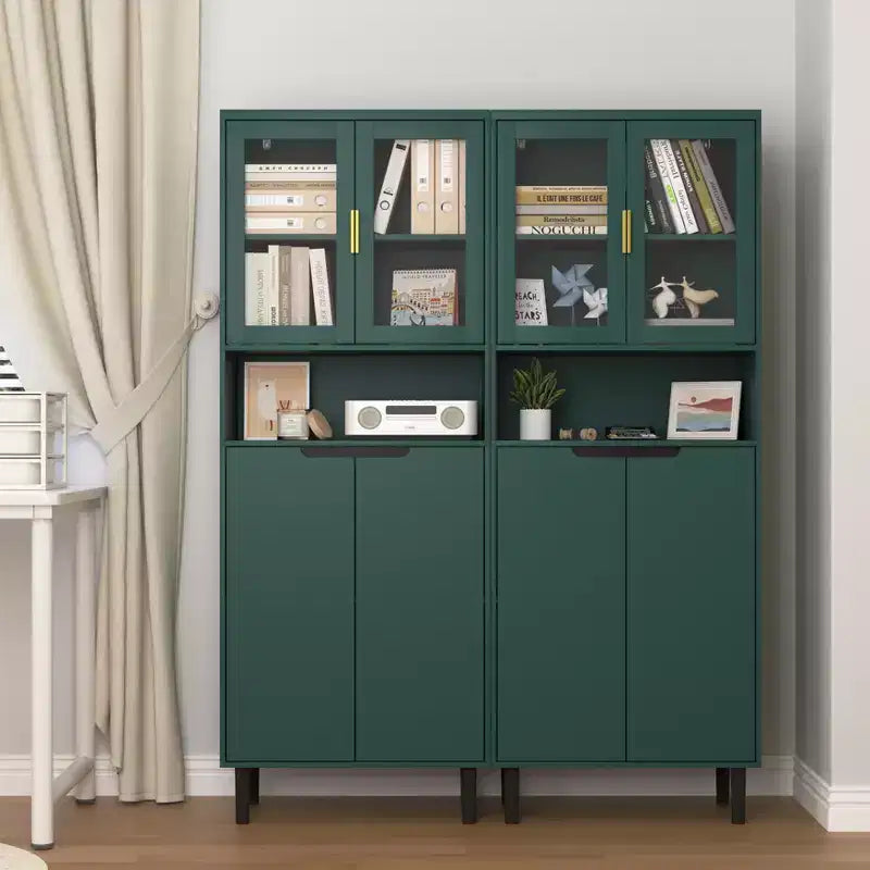 CLIHOME 4 Tempered Glass Door Tall Storage Bookcase, Utility Storage Cabinet With Adjustable Shelves