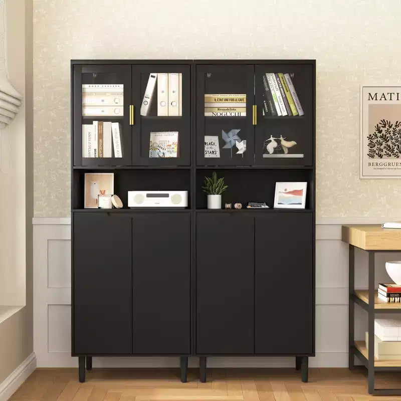 CLIHOME 4 Tempered Glass Door Tall Storage Bookcase, Utility Storage Cabinet With Adjustable Shelves
