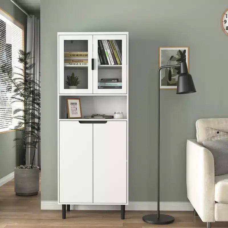 CLIHOME 4 Tempered Glass Door Tall Storage Bookcase, Utility Storage Cabinet With Adjustable Shelves