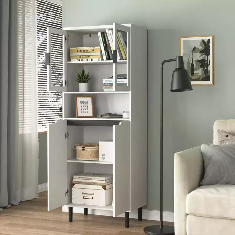 CLIHOME 4 Tempered Glass Door Tall Storage Bookcase, Utility Storage Cabinet With Adjustable Shelves