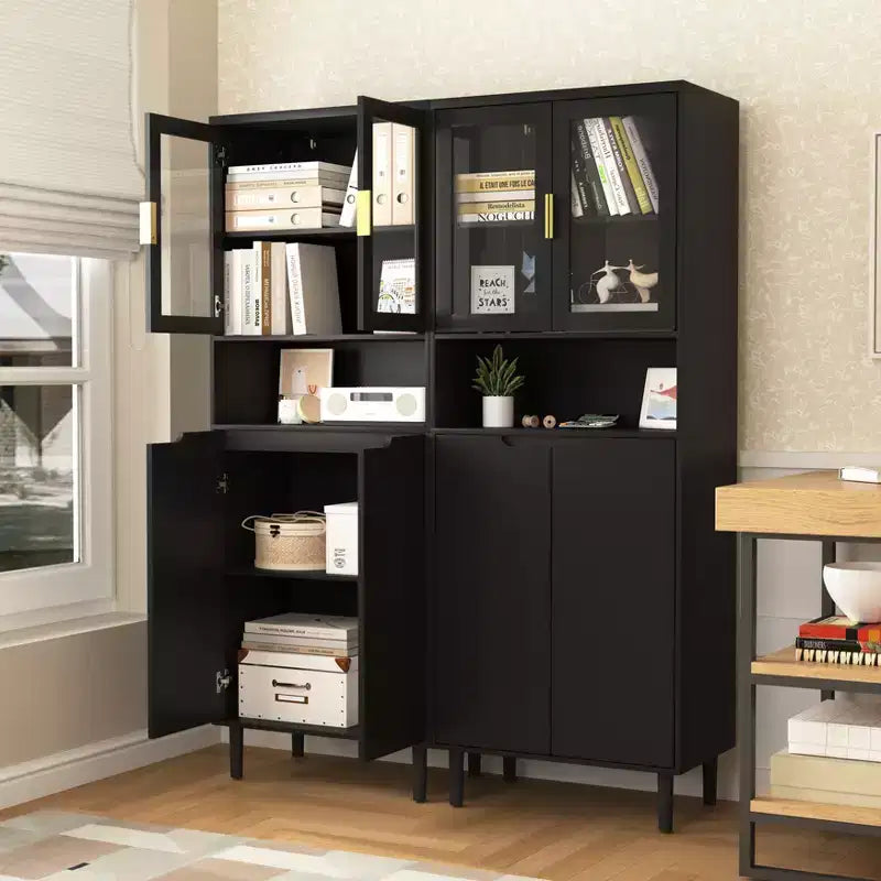 CLIHOME 4 Tempered Glass Door Tall Storage Bookcase, Utility Storage Cabinet With Adjustable Shelves