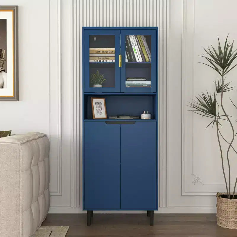 CLIHOME 4 Tempered Glass Door Tall Storage Bookcase, Utility Storage Cabinet With Adjustable Shelves