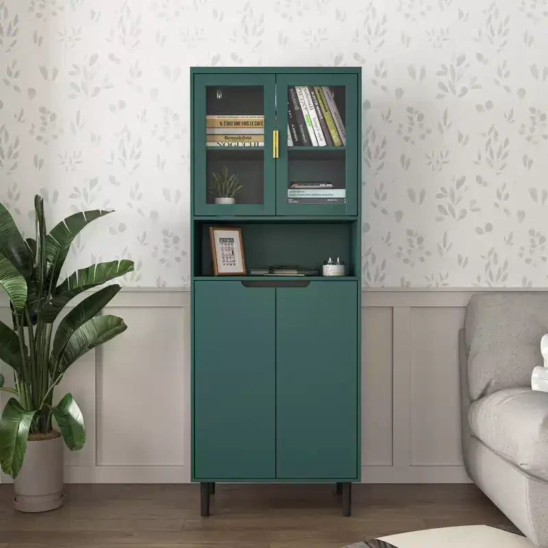 CLIHOME 4 Tempered Glass Door Tall Storage Bookcase, Utility Storage Cabinet With Adjustable Shelves