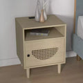 Nightstand with Charging Station, Rattan End Table with Rattan Decor Door, for Bedroom, Living Room,