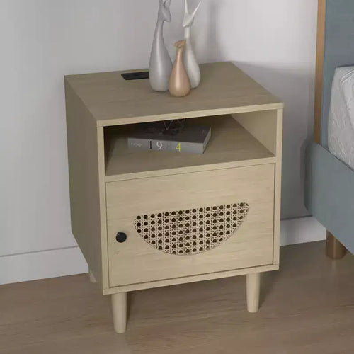 Nightstand with Charging Station, Rattan End Table with Rattan Decor Door, for Bedroom, Living Room,