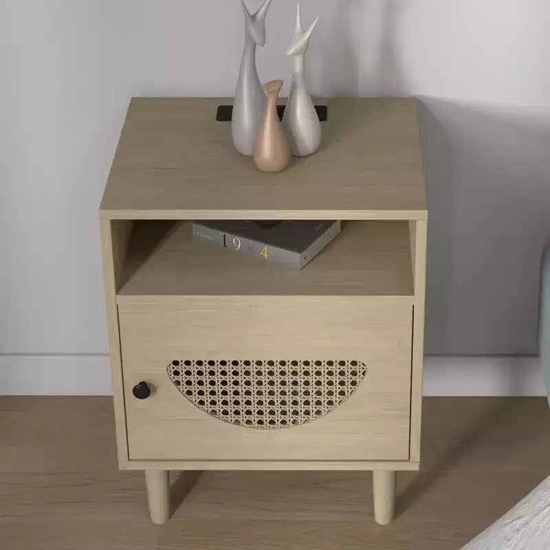 Nightstand with Charging Station, Rattan End Table with Rattan Decor Door, for Bedroom, Living Room,