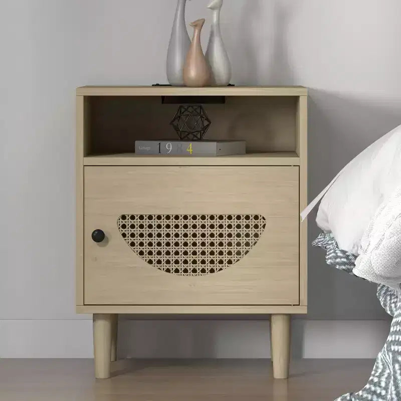 Nightstand with Charging Station, Rattan End Table with Rattan Decor Door, for Bedroom, Living Room,
