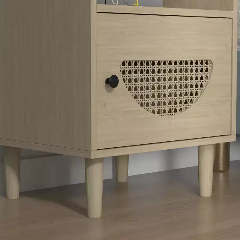Nightstand with Charging Station, Rattan End Table with Rattan Decor Door, for Bedroom, Living Room,