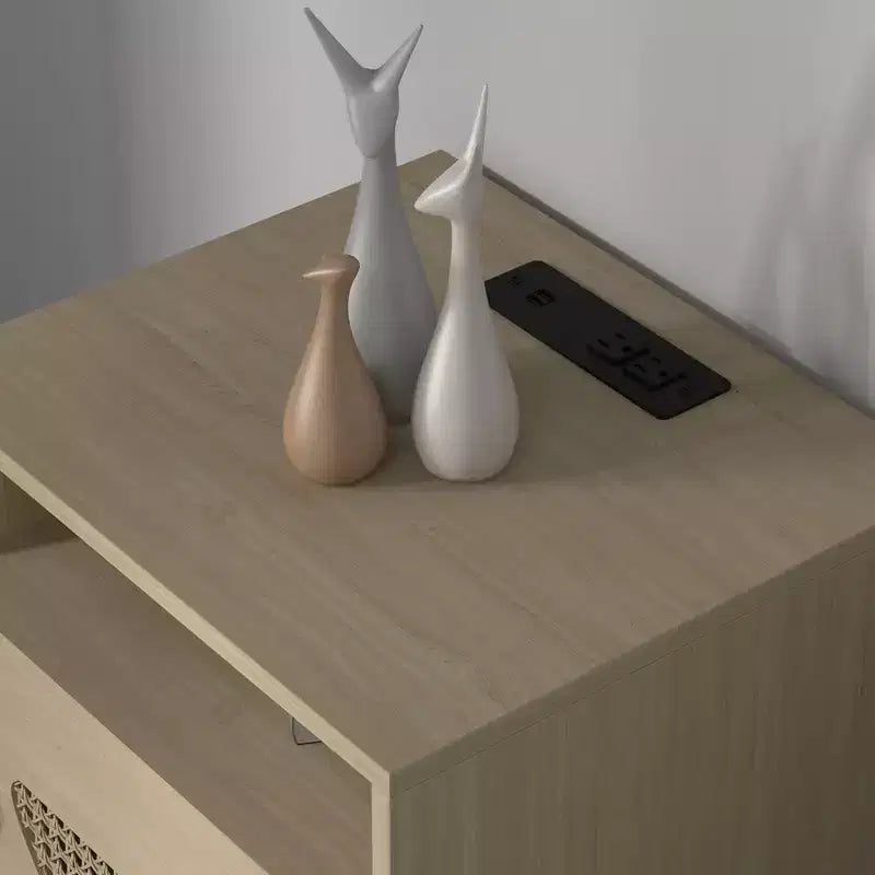 Nightstand with Charging Station, Rattan End Table with Rattan Decor Door, for Bedroom, Living Room,
