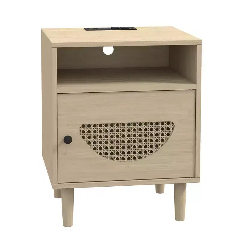 Nightstand with Charging Station, Rattan End Table with Rattan Decor Door, for Bedroom, Living Room,