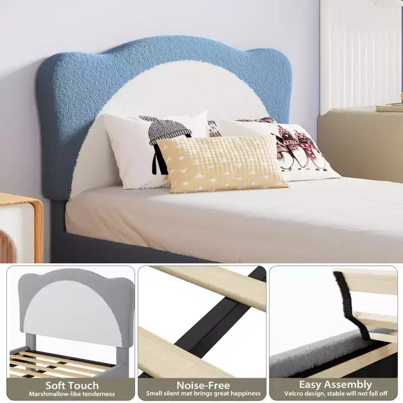 GustoWave Upholstered Bed Frame for Children with Scalloped Headboard, Comfy Velvet Single Bed, No Slatted Base Needed