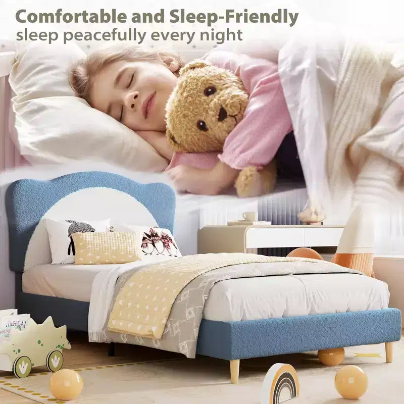 GustoWave Upholstered Bed Frame for Children with Scalloped Headboard, Comfy Velvet Single Bed, No Slatted Base Needed