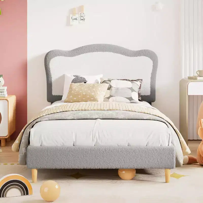 GustoWave Upholstered Bed Frame for Children with Scalloped Headboard, Comfy Velvet Single Bed, No Slatted Base Needed
