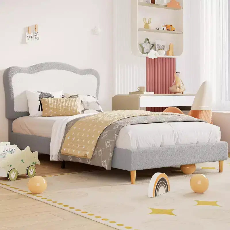 GustoWave Upholstered Bed Frame for Children with Scalloped Headboard, Comfy Velvet Single Bed, No Slatted Base Needed