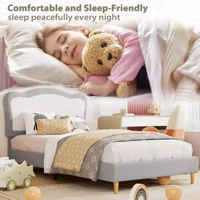 GustoWave Upholstered Bed Frame for Children with Scalloped Headboard, Comfy Velvet Single Bed, No Slatted Base Needed