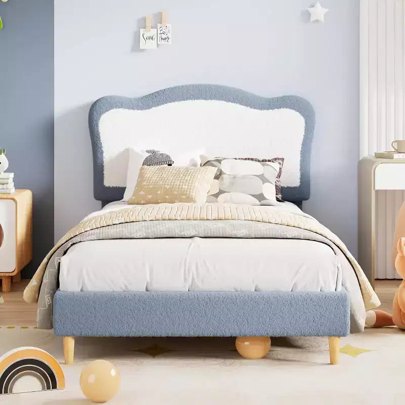 GustoWave Upholstered Bed Frame for Children with Scalloped Headboard, Comfy Velvet Single Bed, No Slatted Base Needed