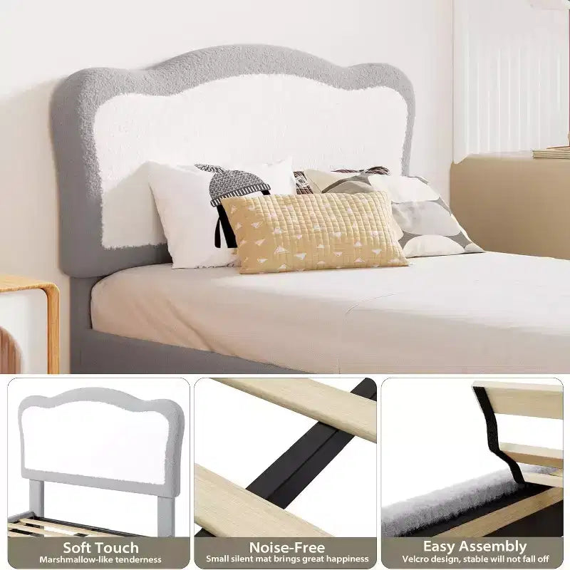 GustoWave Upholstered Bed Frame for Children with Scalloped Headboard, Comfy Velvet Single Bed, No Slatted Base Needed