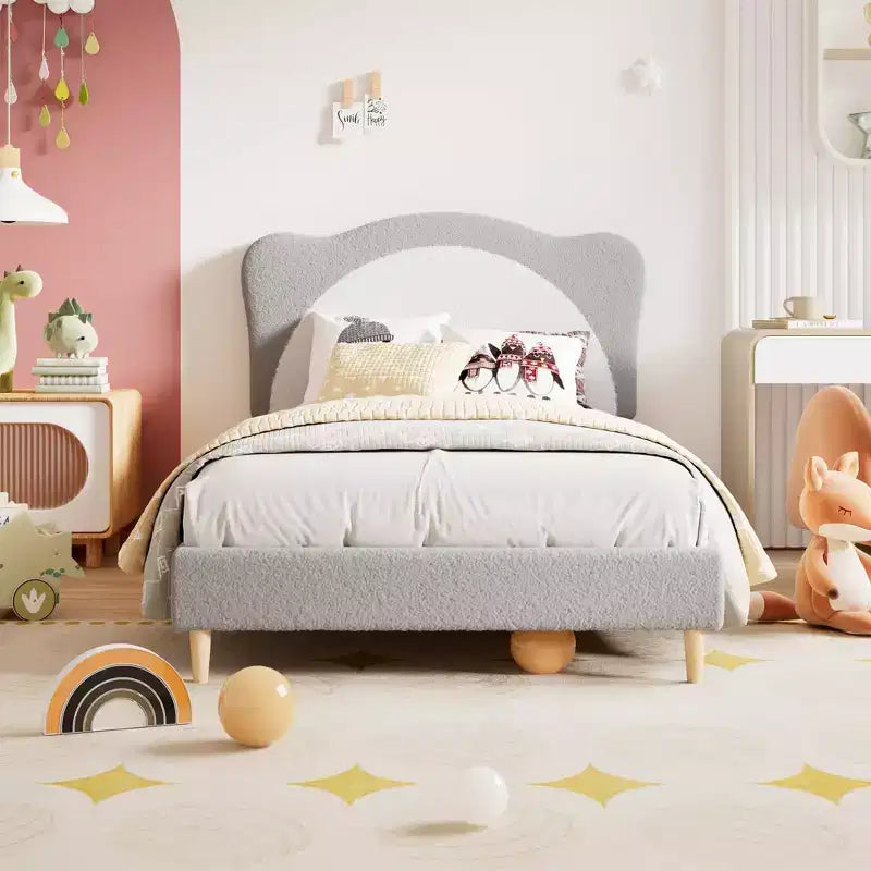GustoWave Upholstered Bed Frame for Children with Scalloped Headboard, Comfy Velvet Single Bed, No Slatted Base Needed