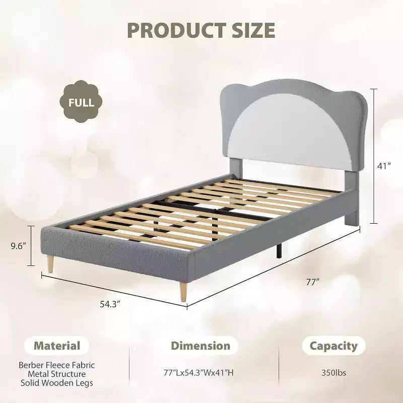 GustoWave Upholstered Bed Frame for Children with Scalloped Headboard, Comfy Velvet Single Bed, No Slatted Base Needed