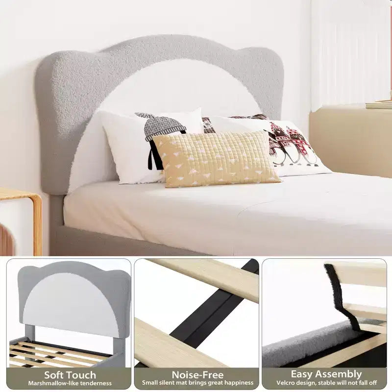 GustoWave Upholstered Bed Frame for Children with Scalloped Headboard, Comfy Velvet Single Bed, No Slatted Base Needed