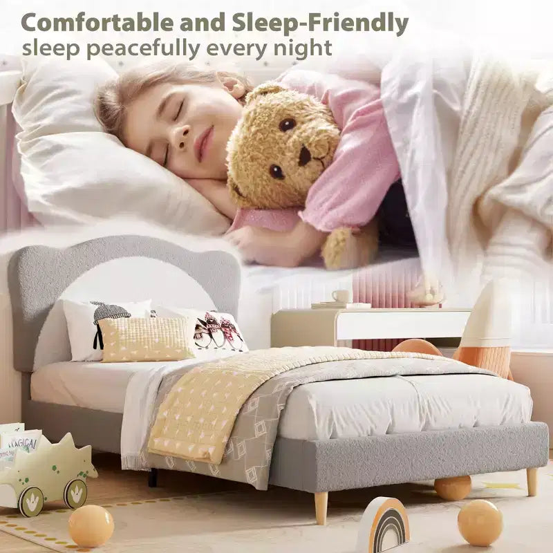 GustoWave Upholstered Bed Frame for Children with Scalloped Headboard, Comfy Velvet Single Bed, No Slatted Base Needed