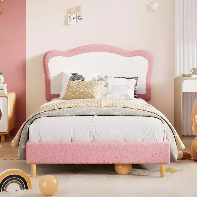 GustoWave Upholstered Bed Frame for Children with Scalloped Headboard, Comfy Velvet Single Bed, No Slatted Base Needed
