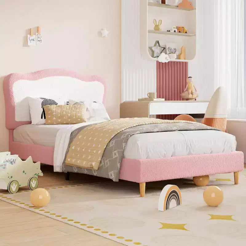 GustoWave Upholstered Bed Frame for Children with Scalloped Headboard, Comfy Velvet Single Bed, No Slatted Base Needed