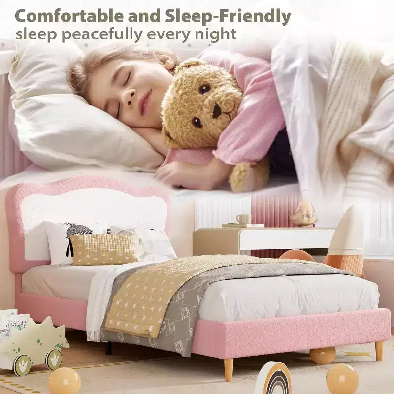 GustoWave Upholstered Bed Frame for Children with Scalloped Headboard, Comfy Velvet Single Bed, No Slatted Base Needed