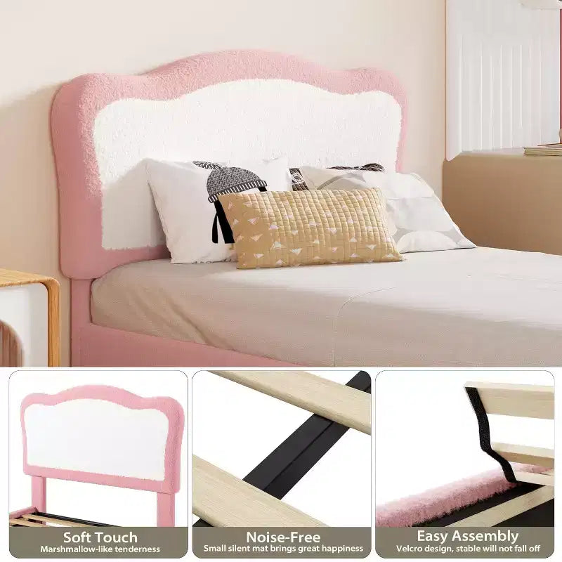 GustoWave Upholstered Bed Frame for Children with Scalloped Headboard, Comfy Velvet Single Bed, No Slatted Base Needed