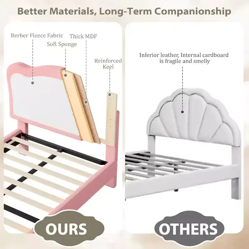 GustoWave Upholstered Bed Frame for Children with Scalloped Headboard, Comfy Velvet Single Bed, No Slatted Base Needed