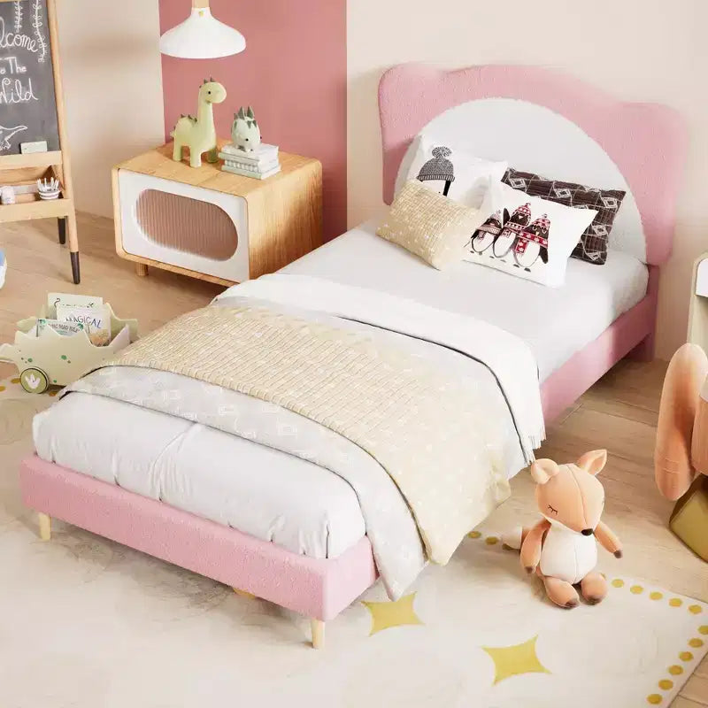 GustoWave Upholstered Bed Frame for Children with Scalloped Headboard, Comfy Velvet Single Bed, No Slatted Base Needed