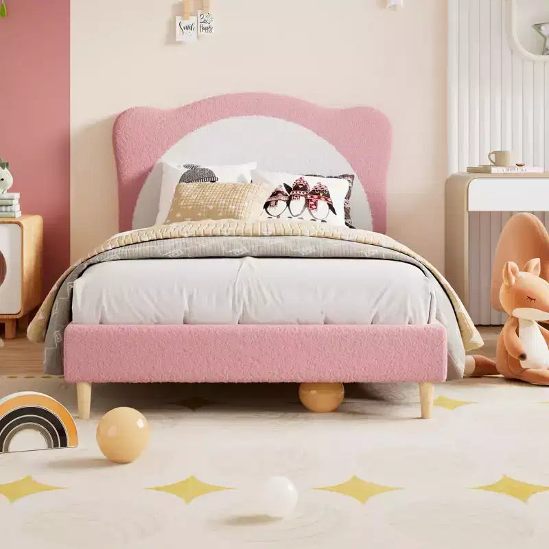 GustoWave Upholstered Bed Frame for Children with Scalloped Headboard, Comfy Velvet Single Bed, No Slatted Base Needed