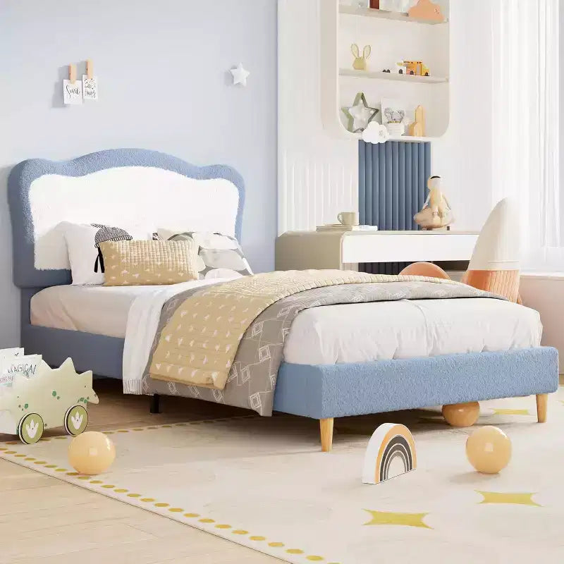 GustoWave Upholstered Bed Frame for Children with Scalloped Headboard, Comfy Velvet Single Bed, No Slatted Base Needed
