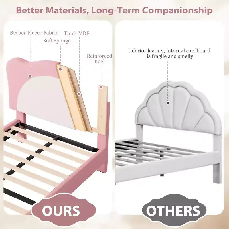 GustoWave Upholstered Bed Frame for Children with Scalloped Headboard, Comfy Velvet Single Bed, No Slatted Base Needed