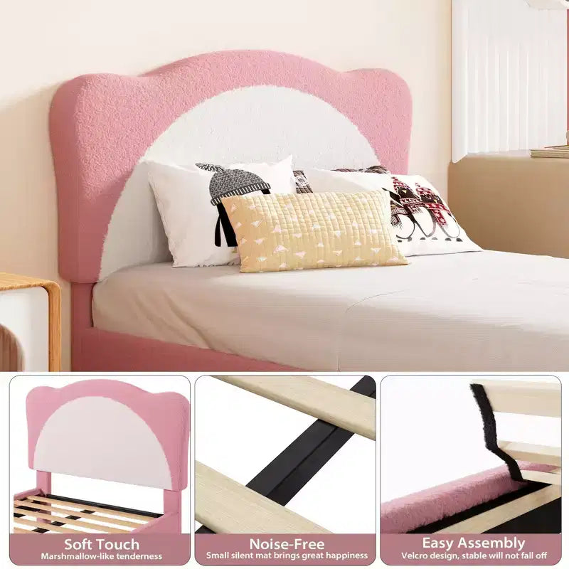 GustoWave Upholstered Bed Frame for Children with Scalloped Headboard, Comfy Velvet Single Bed, No Slatted Base Needed