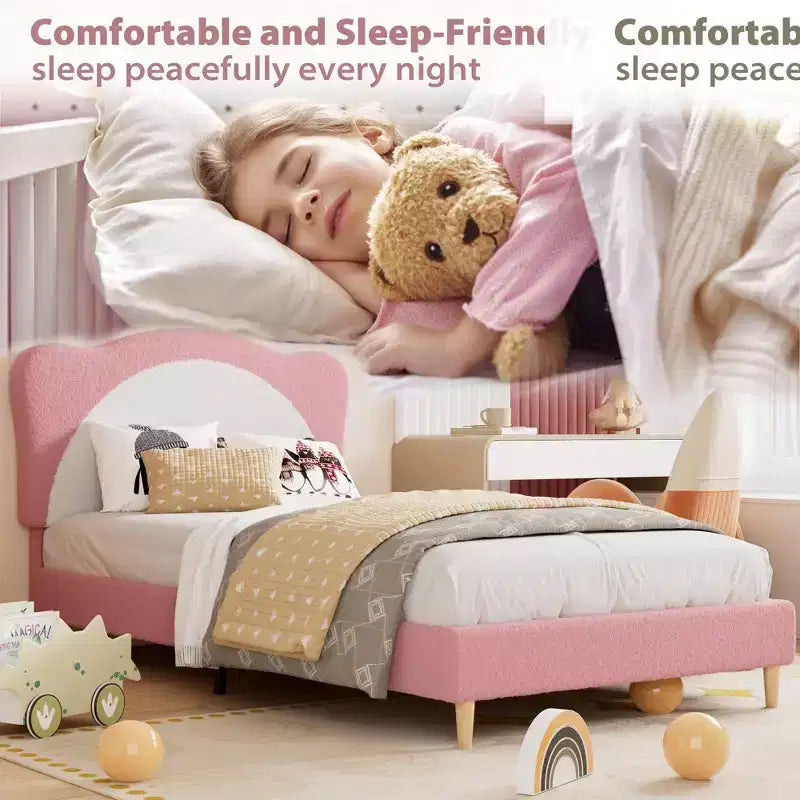 GustoWave Upholstered Bed Frame for Children with Scalloped Headboard, Comfy Velvet Single Bed, No Slatted Base Needed