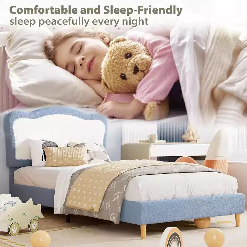 GustoWave Upholstered Bed Frame for Children with Scalloped Headboard, Comfy Velvet Single Bed, No Slatted Base Needed
