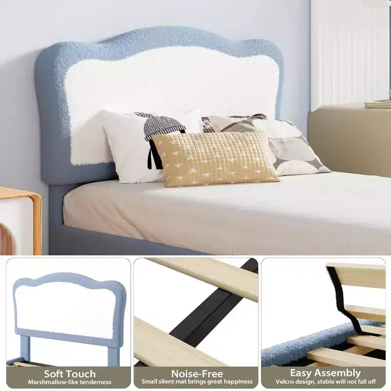 GustoWave Upholstered Bed Frame for Children with Scalloped Headboard, Comfy Velvet Single Bed, No Slatted Base Needed