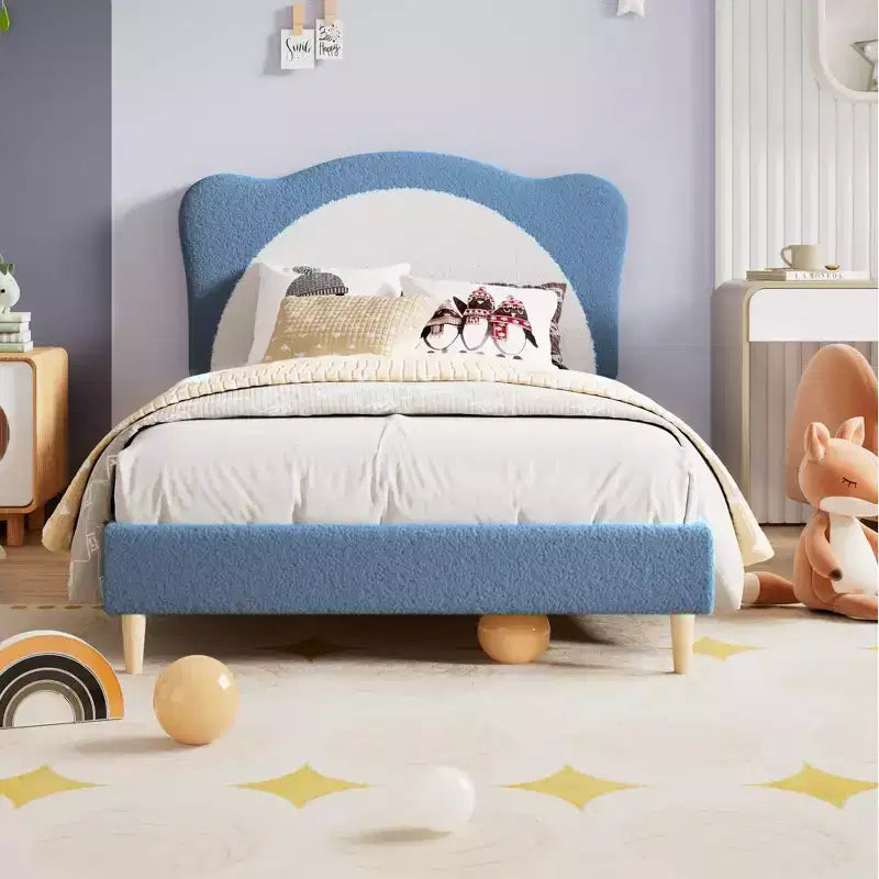 GustoWave Upholstered Bed Frame for Children with Scalloped Headboard, Comfy Velvet Single Bed, No Slatted Base Needed