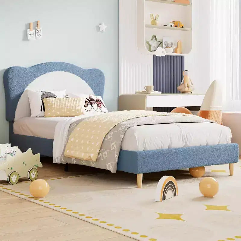 GustoWave Upholstered Bed Frame for Children with Scalloped Headboard, Comfy Velvet Single Bed, No Slatted Base Needed