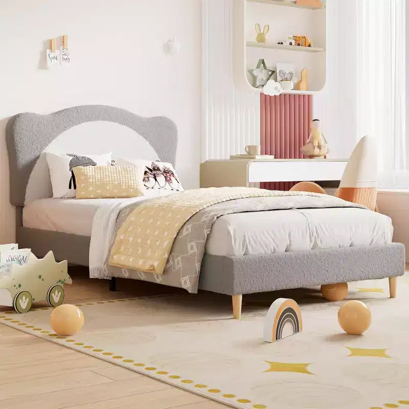 GustoWave Upholstered Bed Frame for Children with Scalloped Headboard, Comfy Velvet Single Bed, No Slatted Base Needed
