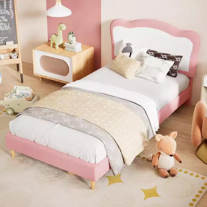 GustoWave Upholstered Bed Frame for Children with Scalloped Headboard, Comfy Velvet Single Bed, No Slatted Base Needed