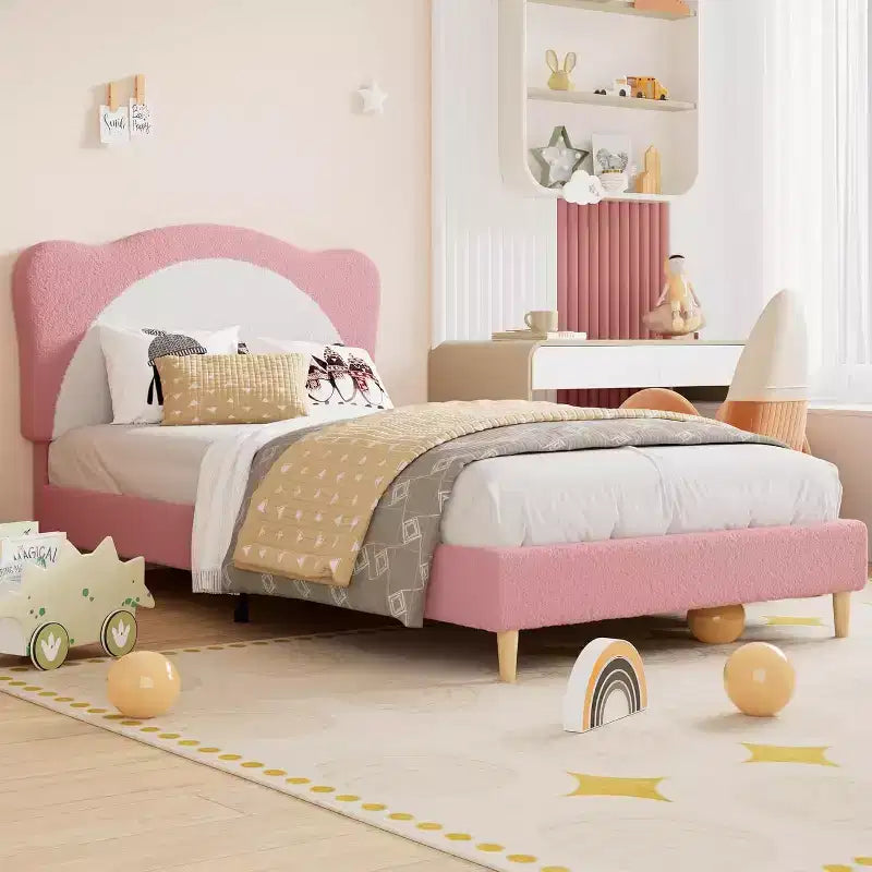 GustoWave Upholstered Bed Frame for Children with Scalloped Headboard, Comfy Velvet Single Bed, No Slatted Base Needed