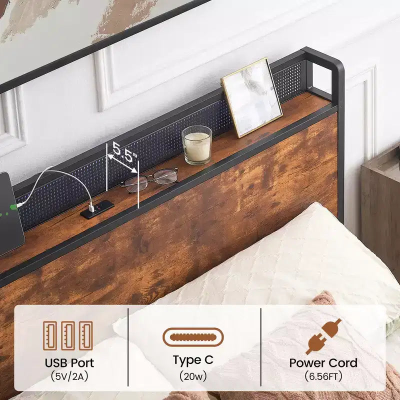 Platform Bed Frame with Headboard, USB Charging Station, LED Lighting and 4 Storage Drawers, No Box Spring Required, Heavy-Duty Support