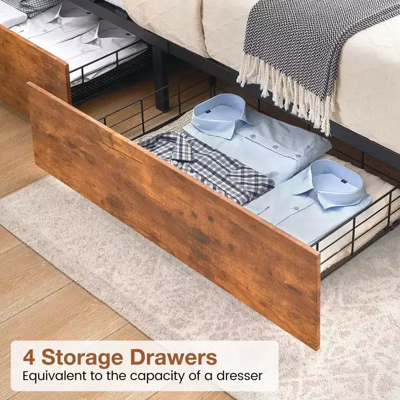 Platform Bed Frame with Headboard, USB Charging Station, LED Lighting and 4 Storage Drawers, No Box Spring Required, Heavy-Duty Support